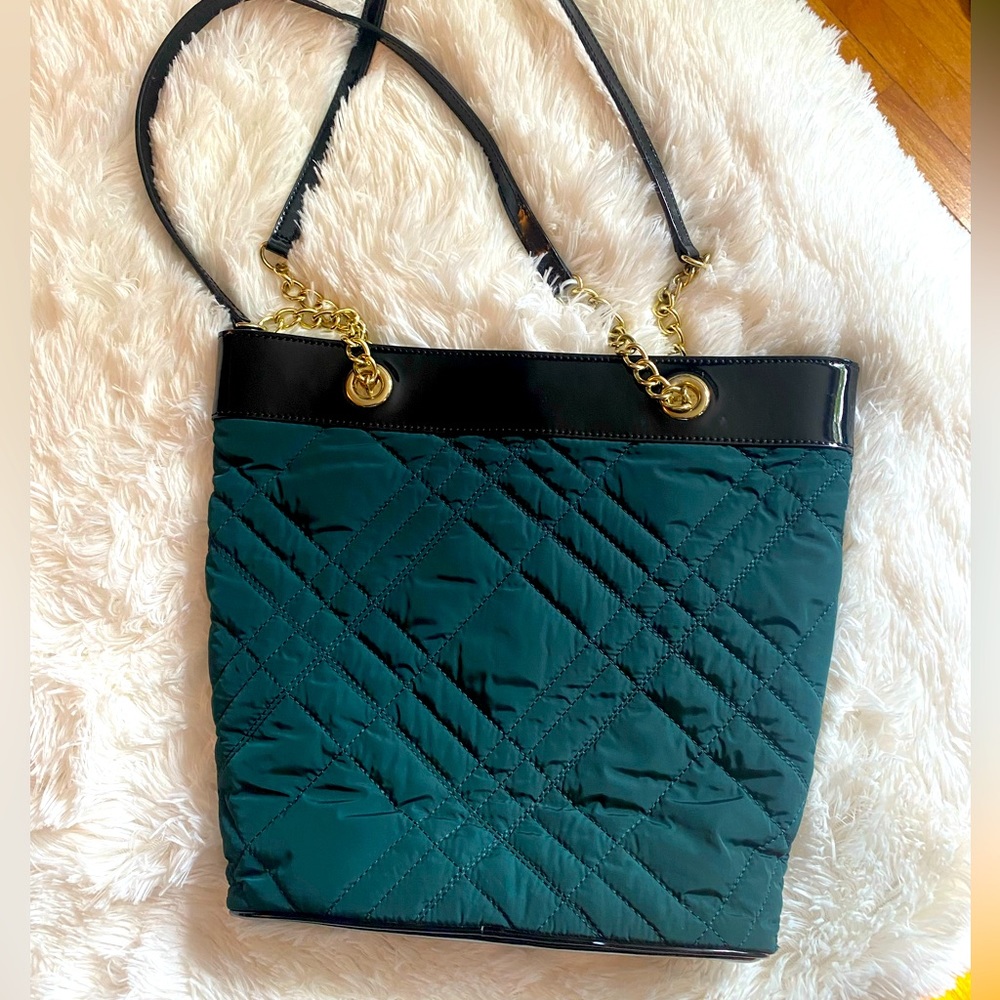 Talbots Quilted Tote Purse Bag Green with Gold Chain